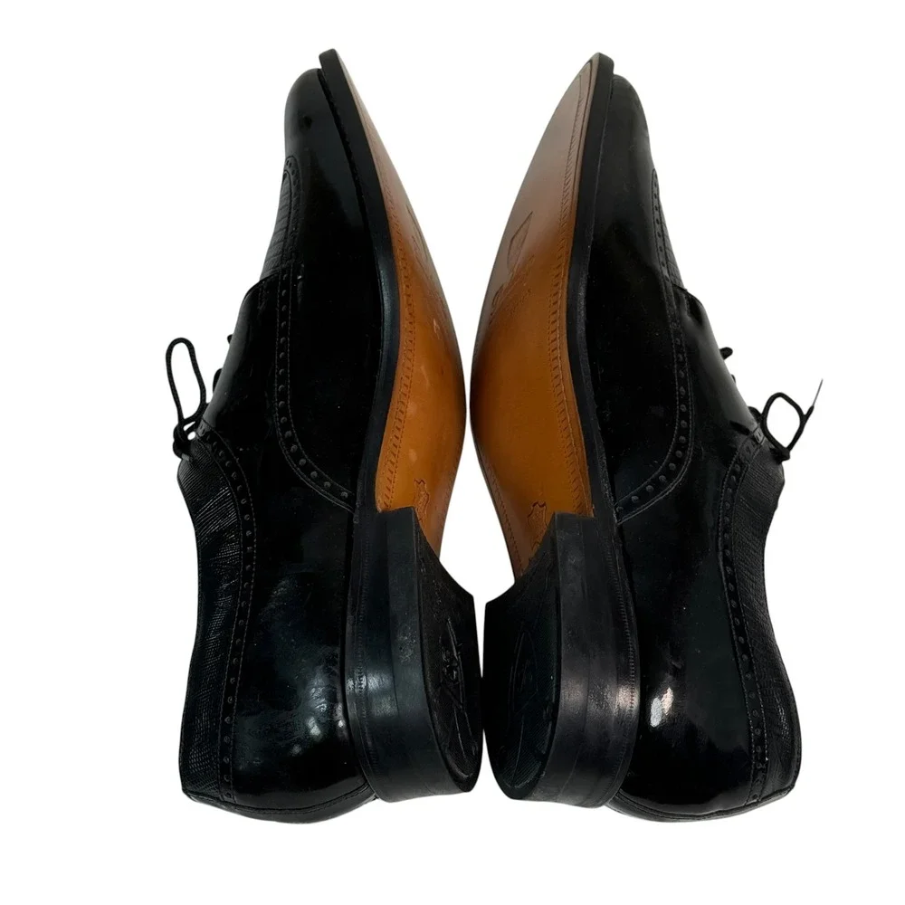 Baldwin Mens Black Patent Lizard Embossed Wingtip Oxford Dress Shoes Size‎ 12
